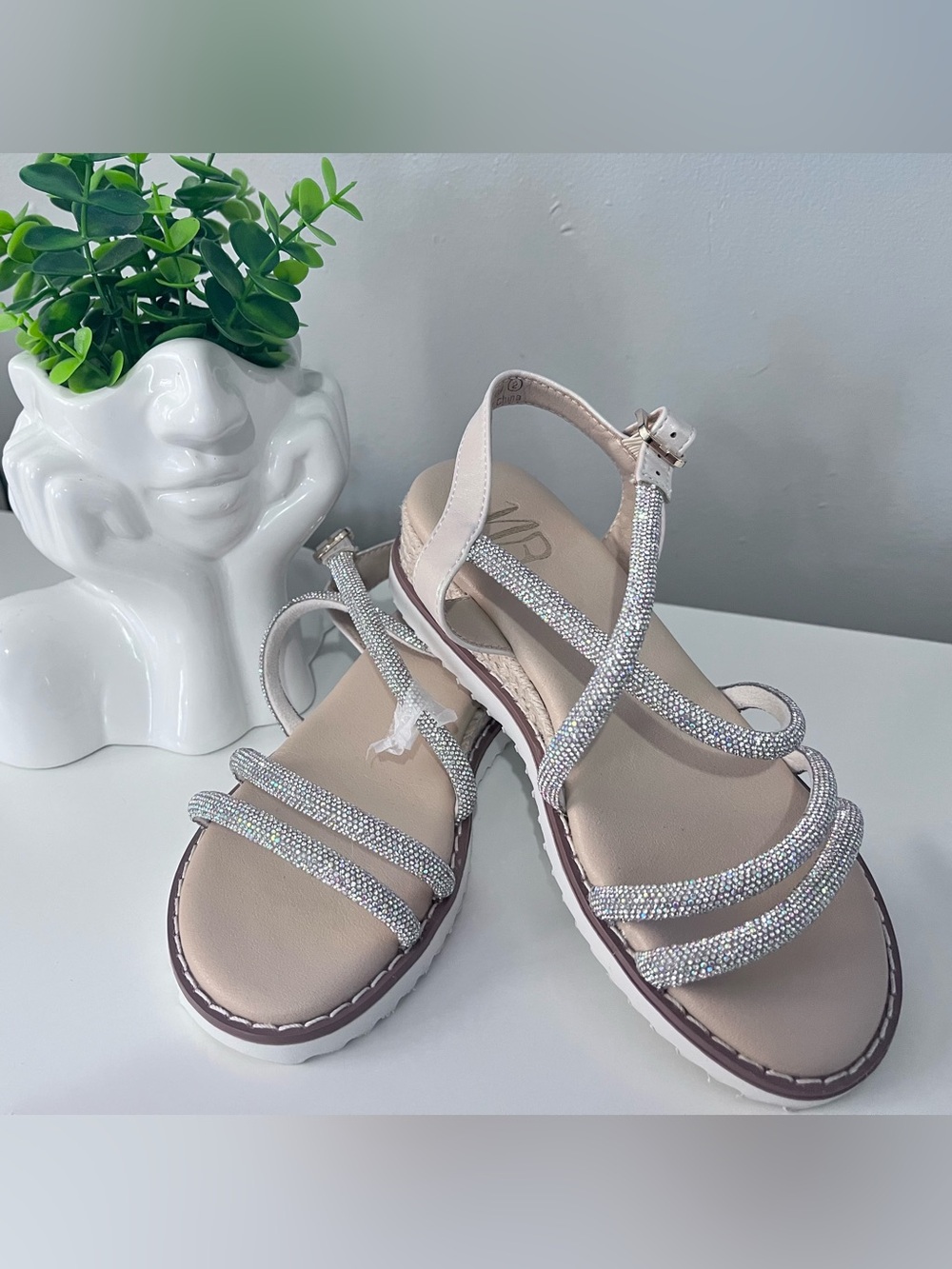 Girls' Sparkle Nude T-Strap Sandals with Rhinestone Straps